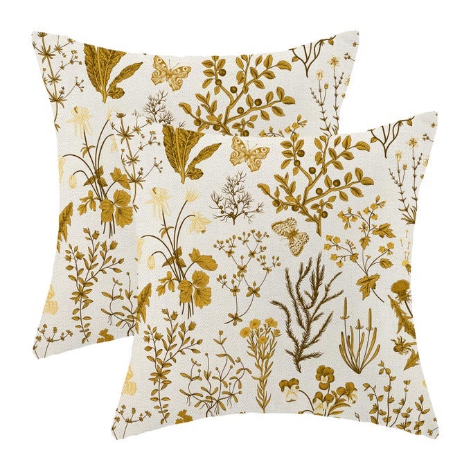 Summer Pillow Covers 16x16 Inch Set of 2Mustard Yellow Wild Flower Plant Throw Pillows CaseSeasonal Floral Outdoor Decorative Square Linen Farmhouse Decor Cushion Covers for Home Couch