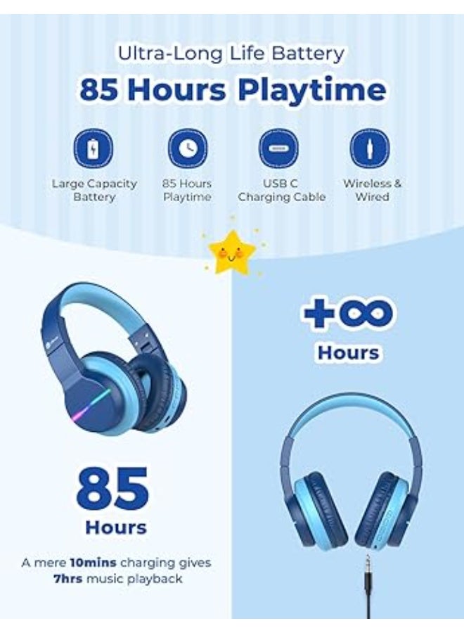 iClever Bluetooth Kids Headphones, BTH12 Colorful LED Lights Kids Wireless Headphones Over Ear with 74/85dBA Safe Volume, 85H Playtime, Bluetooth 5.2, Built-in Mic - Image 2