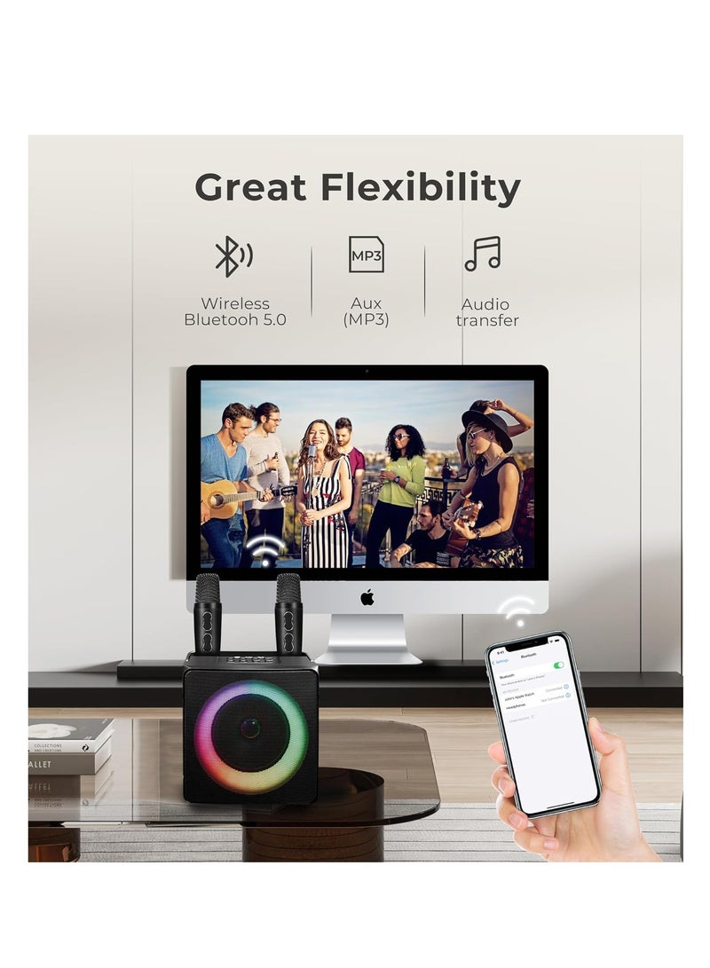 Machine with 2 Wireless Microphone, Bluetooth Portable Karaoke Speaker for Kids Adults, Party Karaoke Speaker with Led Light, Supports TF USB AUX BT Karaoke for Christmas Birthday Gift - Image 5