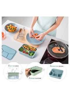 KASTWAVE Silicone Bento Box, Bento Lunch Box with 4 Compartments, Leak-Proof Salad Bento Boxes, Sauce Container, Utensils, Food Picks and Muffin Cups, Microwave, Dishwasher and Freezer Safe, Blue  - Image 3