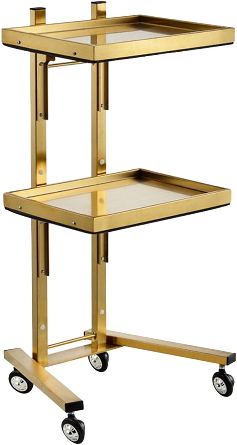 Rolling Beauty Tool Trolley Cart with 2 Tier Storage Tray Salon Tattoo Spa Clinic Medical Studio Home Gold Color - Image 1