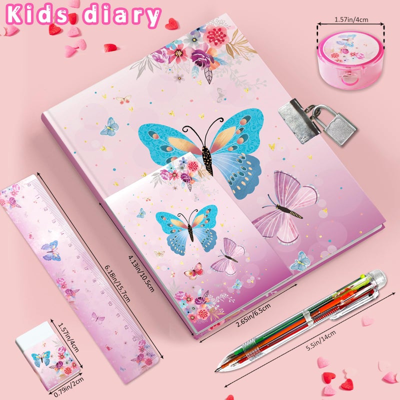 GINMLYDA مذكرات بنات على شكل فراشة مع دفتر قفل لمجموعة هدايا البنات بما في ذلك. مجلة أطفال مقاس 7 × 5.4 مع 6 قلم متعدد الألوان وممحاة مسطرة ومبراة للأطفال الذين يكتبون الرسم بعمر 6 7 8 9 10 سنوات - Image 4