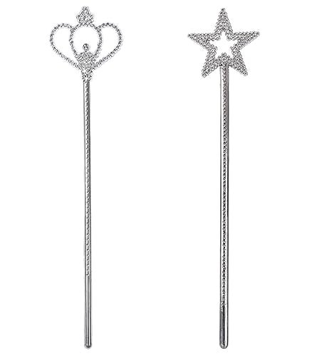 Liatunou 2 Pack Silver Star Wands, Crown Wands, Princess Fairy Wands,Magical Sticks for Girls Birthday, Party, Halloween - Image 1
