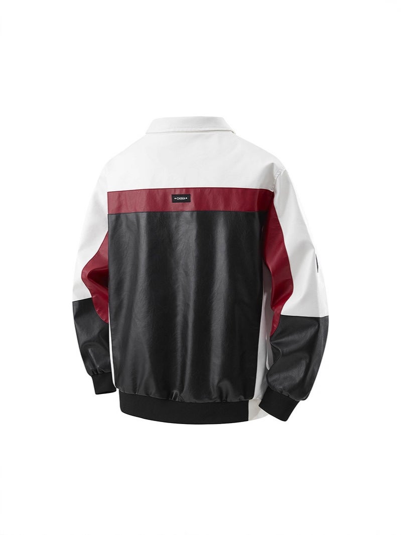 American-Style Stand Collar Jacket For Men And Women, Trendy Brand Leather Jacket, Large Size, Loose And Versatile Pu Leather Motorcycle Jacket, Leather Jacket Workwear - Image 3