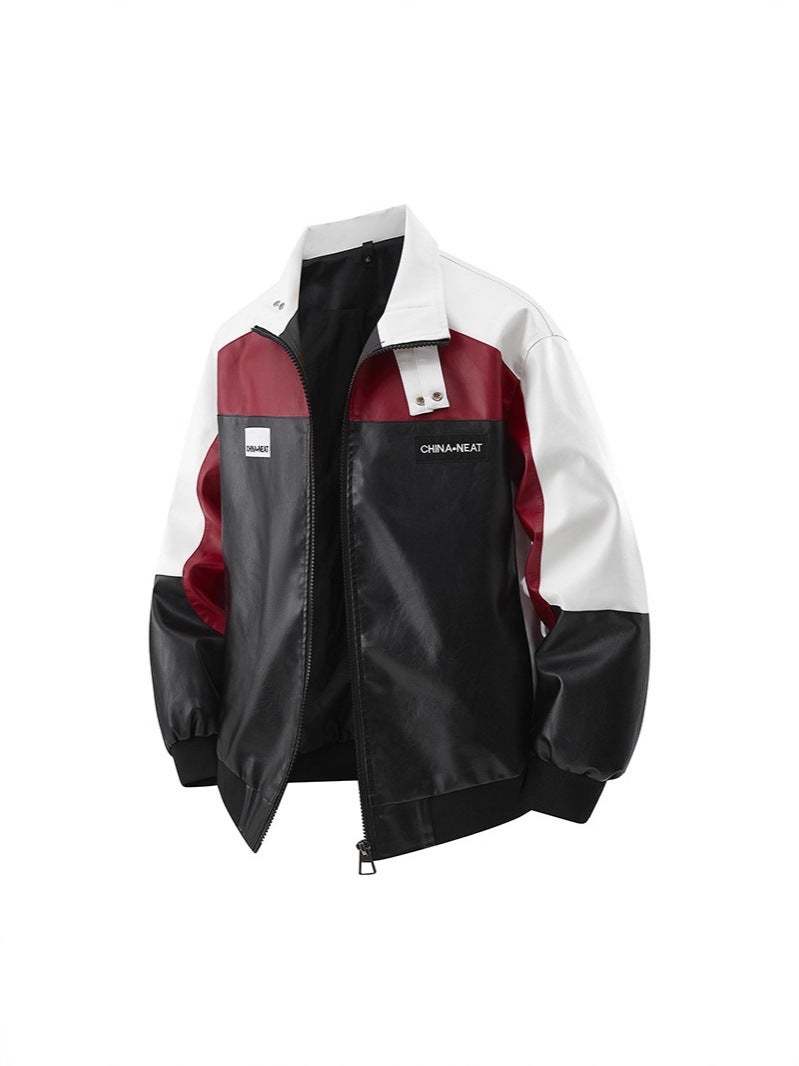 American-Style Stand Collar Jacket For Men And Women, Trendy Brand Leather Jacket, Large Size, Loose And Versatile Pu Leather Motorcycle Jacket, Leather Jacket Workwear - Image 2
