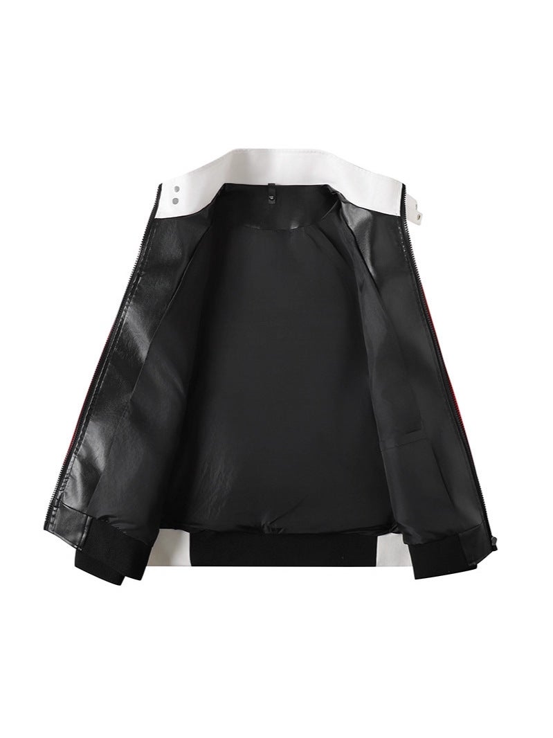 American-Style Stand Collar Jacket For Men And Women, Trendy Brand Leather Jacket, Large Size, Loose And Versatile Pu Leather Motorcycle Jacket, Leather Jacket Workwear - Image 4