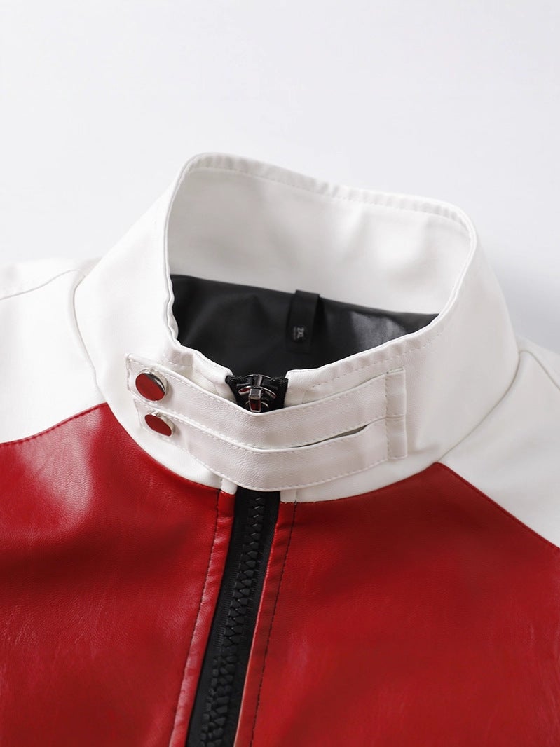 American-Style Stand Collar Jacket For Men And Women, Trendy Brand Leather Jacket, Large Size, Loose And Versatile Pu Leather Motorcycle Jacket, Leather Jacket Workwear - Image 5