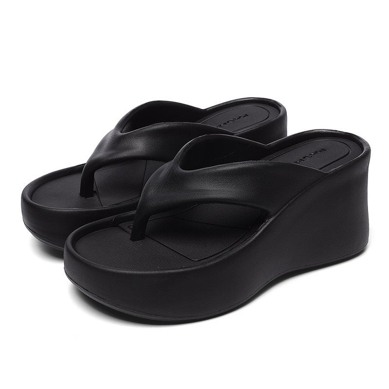 Thick-soled Wedge Herringbone Shoes Womens 2024 Summer New Style Outwear Height-increasing Sandals Wear-resistant Thong Flip-on Beach Slippers Black-eva herringbone【8】