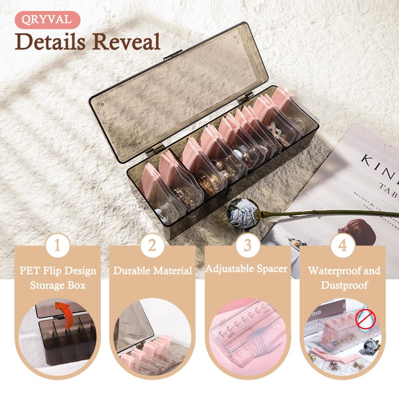 Qryval Jewelry Organizer and Storage Box with 24 EVA Anti Tarnish Bags, Travel Acrylic Case for Earrings, Necklaces & Rings, Elegant Gift for Women & Girls (S&Organizer(Brown)) - Image 3