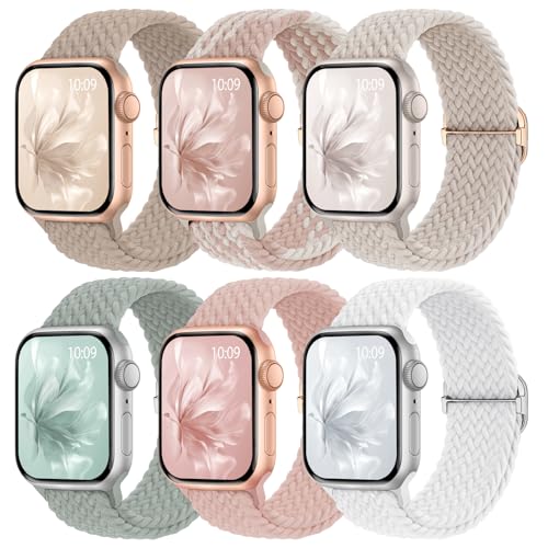 Knossen 6 Pack Braided Stretchy Bands Compatible with Apple Watch Band 38mm 40mm 41mm 42mm 44mm 45mm 46mm 49mm Women Men Adjustable Nylon Solo Loop Elastic Straps for iWatch Series 11 10 9 8 7 6 5 4 SE Ultra - Image 1