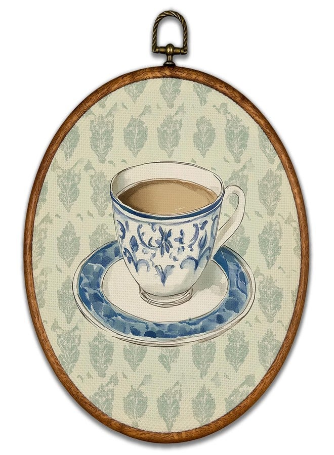 BCUANGD Vintage Chinoiserie Round Wall Art Decor - Retro Blue and White Teacup Wall Art Canvas Frame Artwork Prints, Rustic Antique Round Wall Hanging Decorations for Home Farmhouse Bedroom, 10"x10" - Image 1