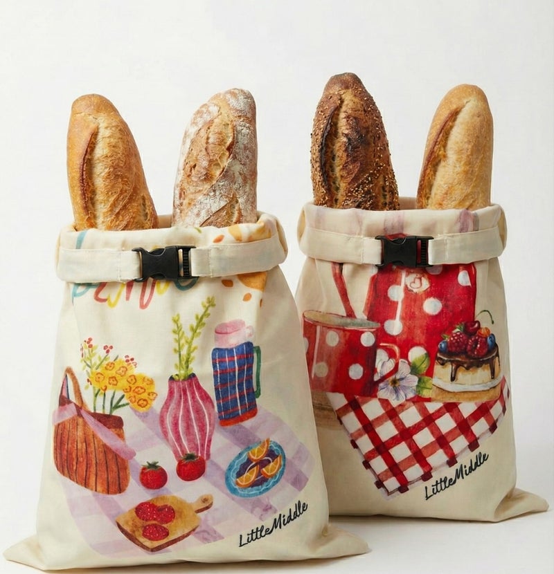 LittleMiddle 2 XL Beeswax Bread Bags for Homemade Bread, Sourdough â€“ Reusable, Plastic-Free, Keeps Fresh, Washable, Compostable (Beige with Picnic) - Image 1