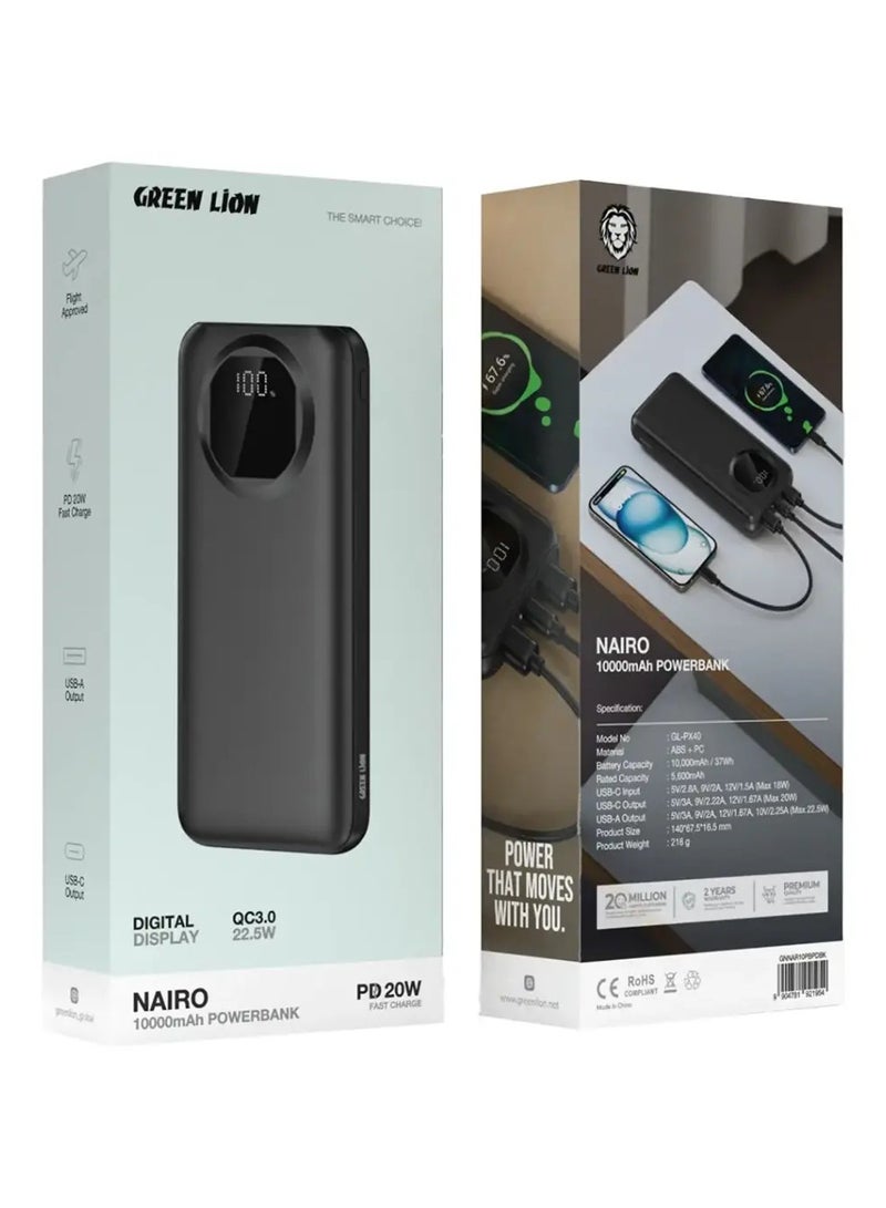 جرين ليون باور بانك نايرو 10000 مللي أمبير/ساعة مع مخرج USB-C ومخرج USB-A / باور بانك للشحن السريع PD 20 وات / شاشة رقمية / معتمد للطيران / باور بانك مع QC 3.0 22.5 وات - أسود - Image 3