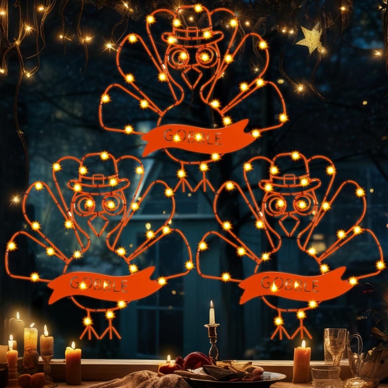 Tuanse 3 Pcs Thanksgiving Turkey Lights with Pilgrim Hat Window Lights Battery Powered LED Lighted Turkey Window Decorations Silhouette Lighting for Home Indoor Fall Thanksgiving Party Decorations - Image 2