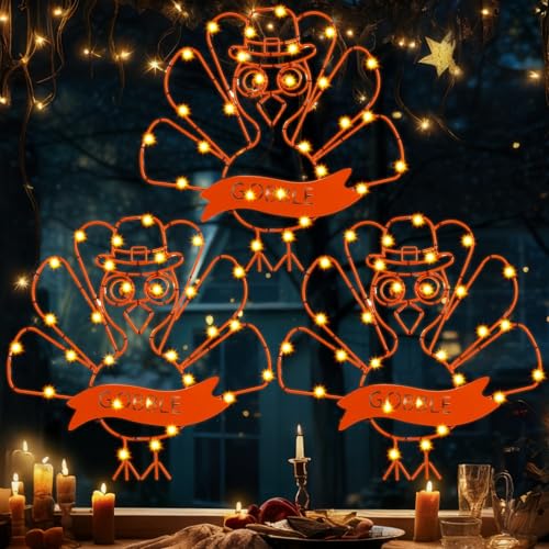 Tuanse 3 Pcs Thanksgiving Turkey Lights with Pilgrim Hat Window Lights Battery Powered LED Lighted Turkey Window Decorations Silhouette Lighting for Home Indoor Fall Thanksgiving Party Decorations - Image 1