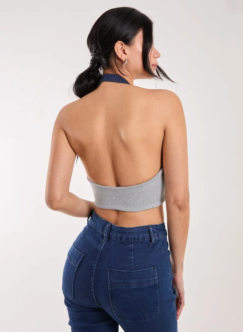 Pink Vanilla Denim Halterneck Crop Top