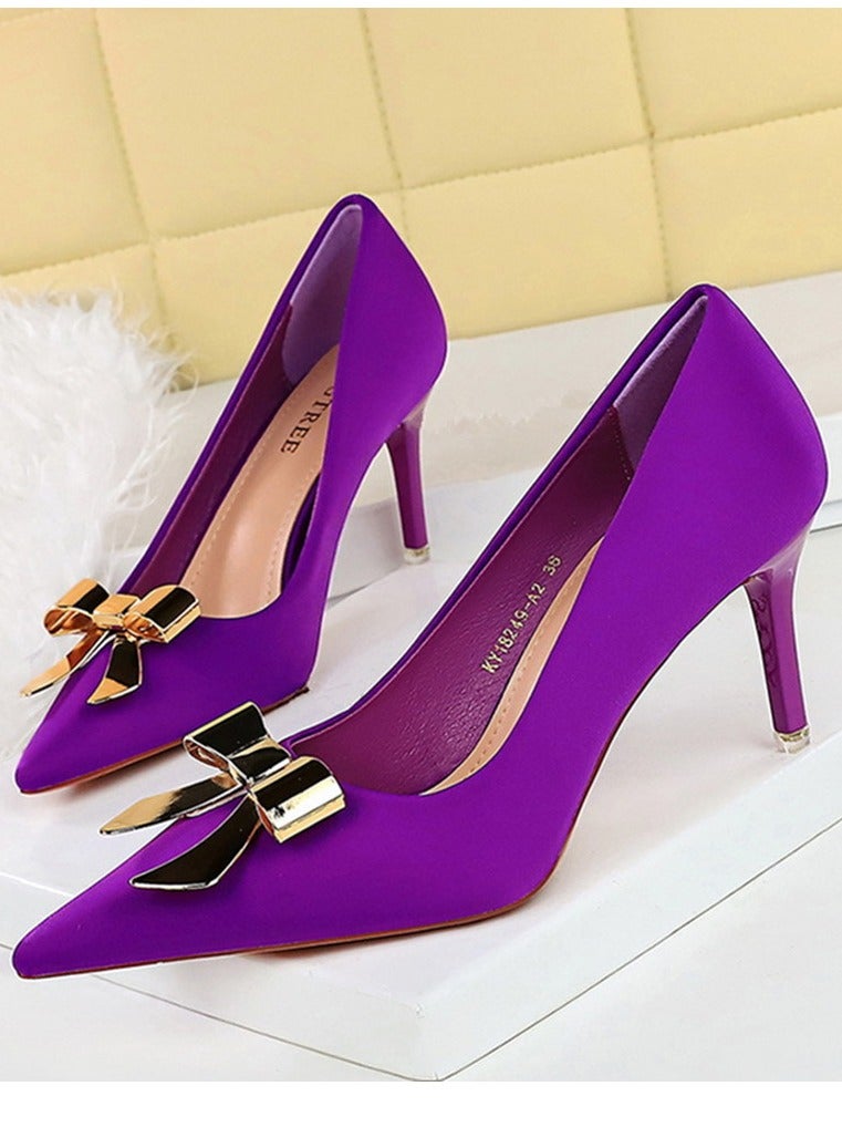 BIGTREE Women's Metal Bowknot Decoration Party Stiletto Pumps Satin Pointed Closed Toe High Heels Purple 7.5CM