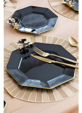 Glore Dolmabahçe Octagonal Black Gold Gilded Glass Serving Plate Set for 6 Persons  - Image 1