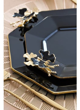 Glore Dolmabahçe Octagonal Black Gold Gilded Glass Serving Plate Set for 6 Persons  - Image 5
