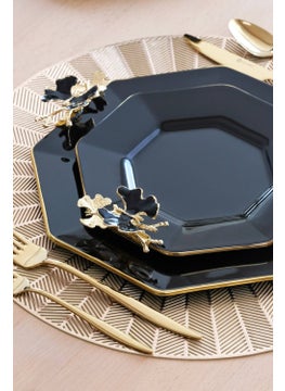 Glore Dolmabahçe Octagonal Black Gold Gilded Glass Serving Plate Set for 6 Persons  - Image 2