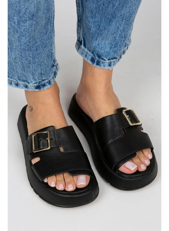 Manijero  Begonia Women's Genuine Leather Buckle Black Slippers - Black for Women | Best Price UAE