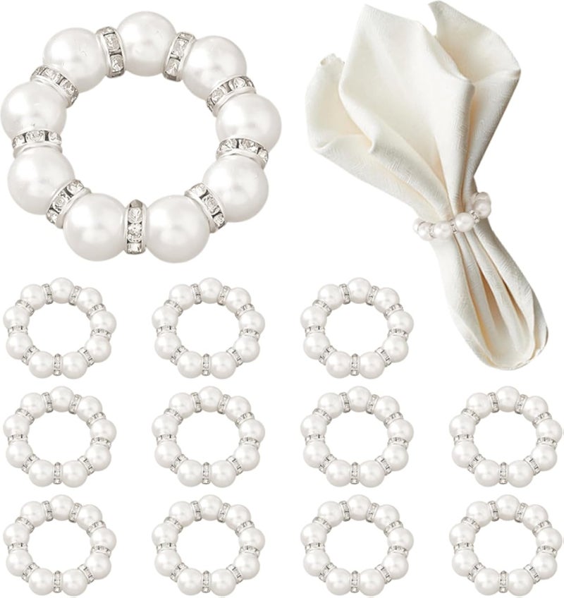 Pearl Napkin Rings, Round Napkin Buckles Wedding Beaded White Napkin Rings Silver Napkin Ring Holder for Formal Dinner Reception Party Banquet Table Decor (30)