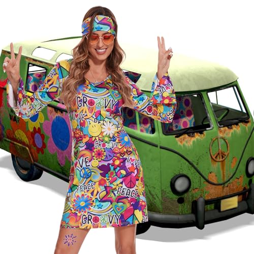 ATAMET 70's Women Costumes Hippie Dress, 1970s Outfits Accessories Set, 60s 70s Disco Prom Dress, Carnival Halloween Costumes (Bright Colors Peace Love, Small) - Image 5