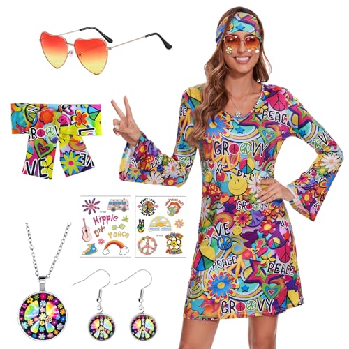 ATAMET 70's Women Costumes Hippie Dress, 1970s Outfits Accessories Set, 60s 70s Disco Prom Dress, Carnival Halloween Costumes (Bright Colors Peace Love, Small) - Image 1