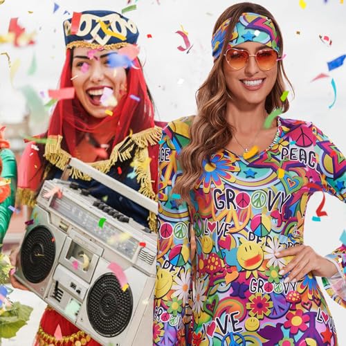 ATAMET 70's Women Costumes Hippie Dress, 1970s Outfits Accessories Set, 60s 70s Disco Prom Dress, Carnival Halloween Costumes (Bright Colors Peace Love, Small) - Image 4