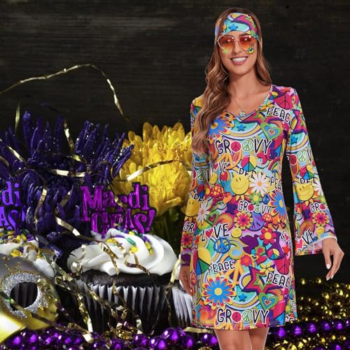 ATAMET 70's Women Costumes Hippie Dress, 1970s Outfits Accessories Set, 60s 70s Disco Prom Dress, Carnival Halloween Costumes (Bright Colors Peace Love, Small) - Image 2