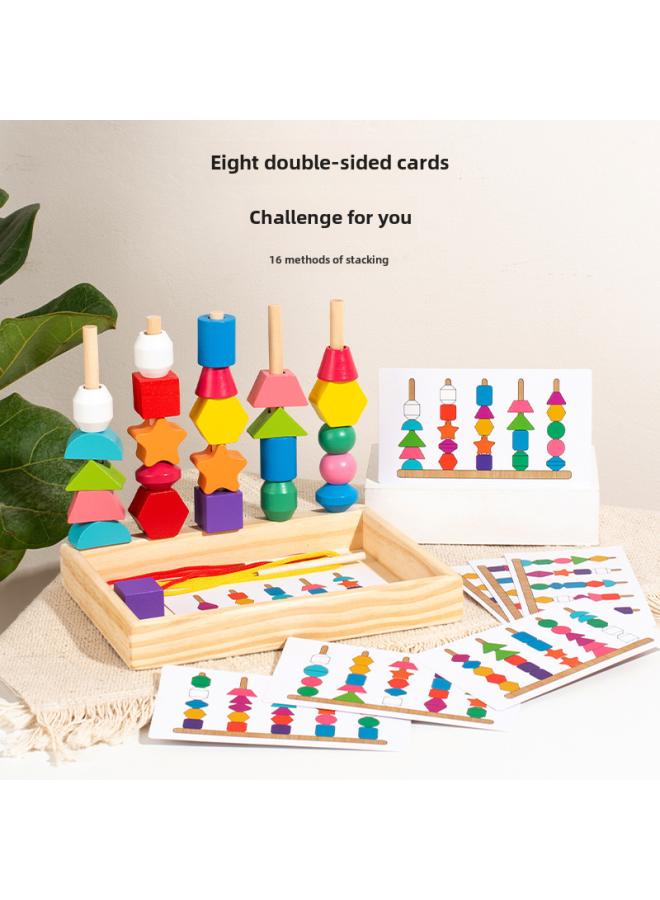 Wooden Children's Colorful Five-column Set Column Rainbow Rope Beads Geometric Matching Cognitive Puzzle Toys