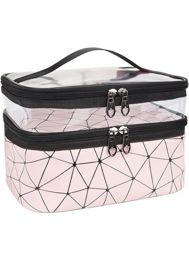 Feinerman Makeup Bags Double Layer Travel Cosmetic Case - Large Organizer for Toiletries and Cosmetics, Waterproof Makeup Pouch with 2 Zippers for Women and Girls, Travel Toiletry Bag (Diamond Pink) - Image 1