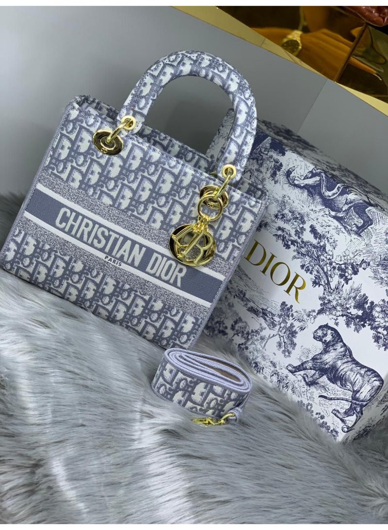 Dior Addict Christian Dior Lady Dior Mini Top Handle Bag Grey Oblique Jacquard Canvas with Gold Tone Hardware