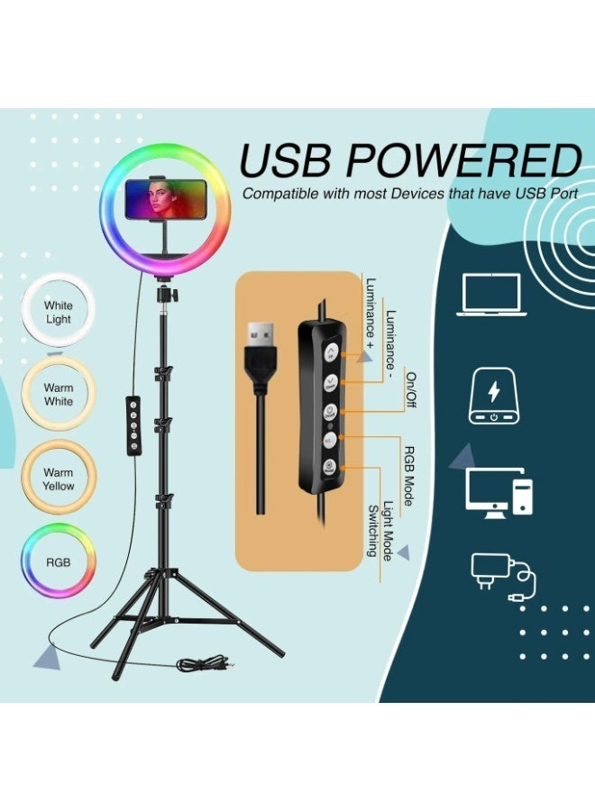 لاكوز إضاءة حلقية ناعمة بتقنية LED RGB مقاس 10 بوصات مع حامل للهاتف المحمول وإضاءة قابلة للتعديل، إضاءة سيلفي دائرية دوارة 360 درجة للبث المباشر والمكياج والتصوير الفوتوغرافي وتسجيل الفيديو - Image 5