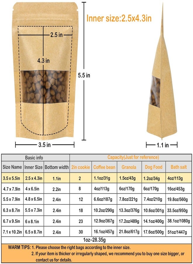 Blisstime Stand Up Pouches, 50 Pack Kraft Paper Bags with Matte Window and Tear Notch Resealable Bags for Small Business Home Use (3.5 X 5.5 Inches) - Image 2
