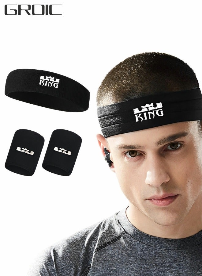 GROIC 3 PCS Sweatband Set Sports Headband Wristband Set NBA James King Logo Cloth Wristband Wrist Sweatband Headbands Set for Basketball, Football, Running, Gym & Exercise - Image 1