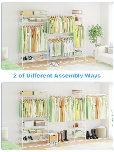 Ulif E11 Heavy-Duty Garment Rack, Metal Freestanding Clothes Rack and Closet Storage Organizer with 8 Shelves and 4 Hanger Rods, (73.2 - 97.6)"W x 14.5"D x 71.2"H, Load 1034 LBS, White - Image 4
