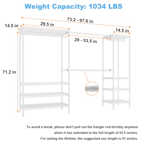 Ulif E11 Heavy-Duty Garment Rack, Metal Freestanding Clothes Rack and Closet Storage Organizer with 8 Shelves and 4 Hanger Rods, (73.2 - 97.6)"W x 14.5"D x 71.2"H, Load 1034 LBS, White - Image 5