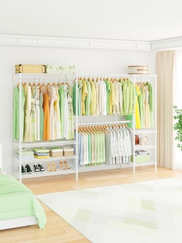 Ulif E11 Heavy-Duty Garment Rack, Metal Freestanding Clothes Rack and Closet Storage Organizer with 8 Shelves and 4 Hanger Rods, (73.2 - 97.6)"W x 14.5"D x 71.2"H, Load 1034 LBS, White - Image 2