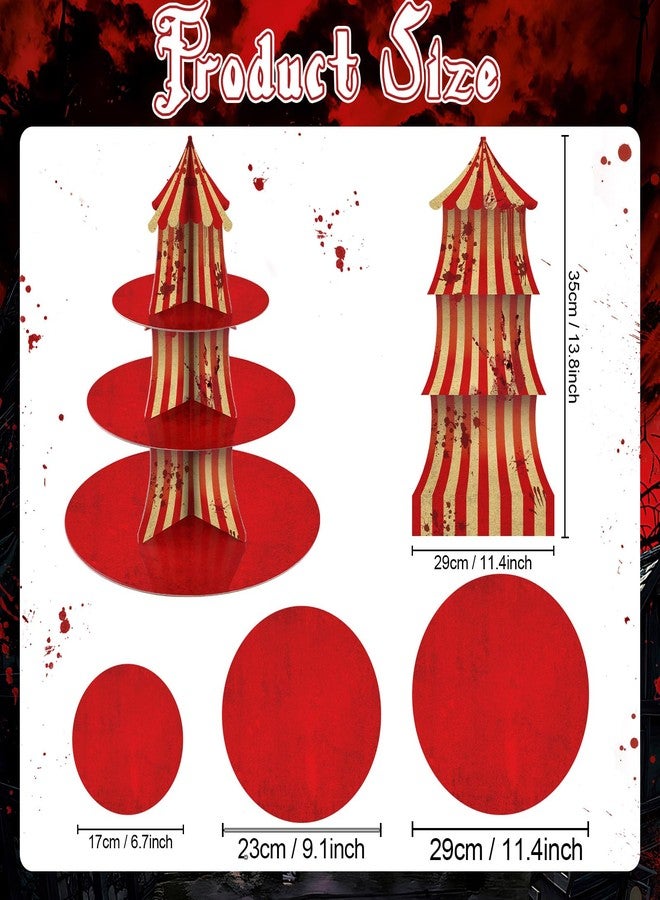 Oitnlaughter 2Pcs 3-Tier Halloween Carnival Decoration Halloween Creepy Circus Cupcake Stand Evil Scary Circus Dessert Tower Stand Carnival Bloody Striped Cake Holder for Horror Movie Dinner Nights Party Supplies - Image 2