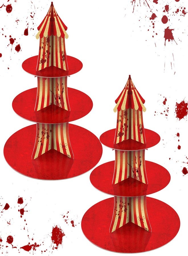 Oitnlaughter 2Pcs 3-Tier Halloween Carnival Decoration Halloween Creepy Circus Cupcake Stand Evil Scary Circus Dessert Tower Stand Carnival Bloody Striped Cake Holder for Horror Movie Dinner Nights Party Supplies - Image 1