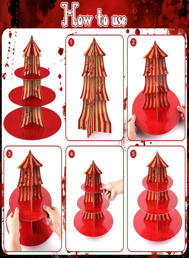 Oitnlaughter 2Pcs 3-Tier Halloween Carnival Decoration Halloween Creepy Circus Cupcake Stand Evil Scary Circus Dessert Tower Stand Carnival Bloody Striped Cake Holder for Horror Movie Dinner Nights Party Supplies - Image 4