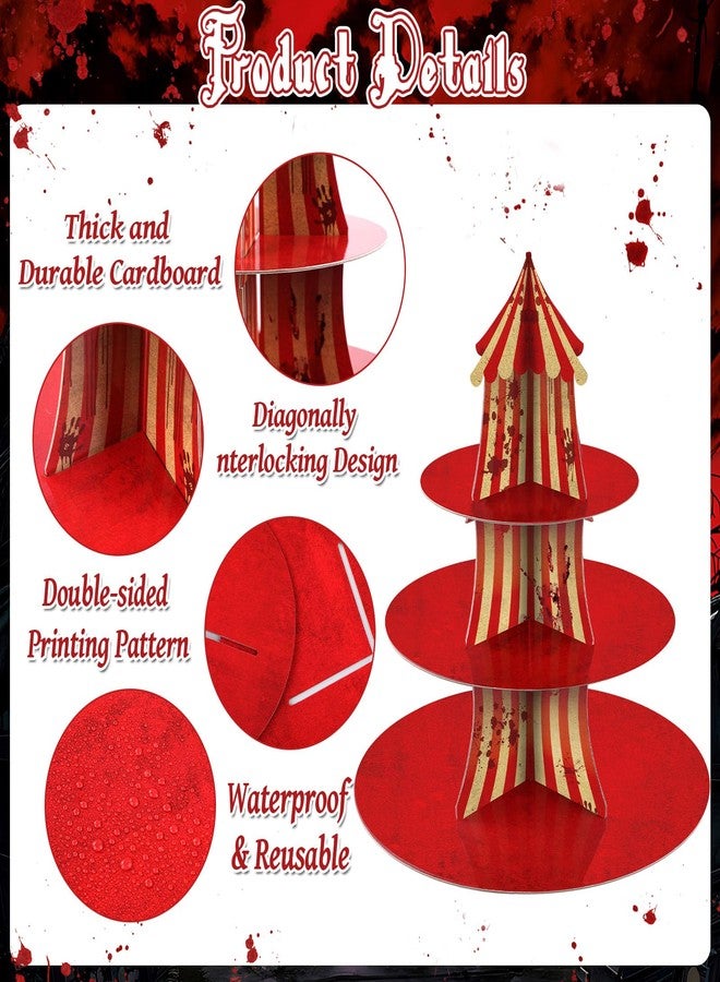Oitnlaughter 2Pcs 3-Tier Halloween Carnival Decoration Halloween Creepy Circus Cupcake Stand Evil Scary Circus Dessert Tower Stand Carnival Bloody Striped Cake Holder for Horror Movie Dinner Nights Party Supplies - Image 3