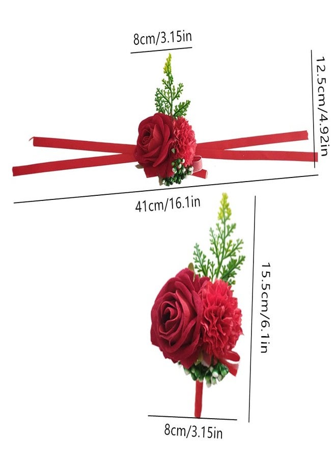 Jilukibo Red Corsage and Boutonniere Set Prom Suit, Artificial Rose Flower Bridesmaid Wrist Corsage Wristband for Groom Groomsmen, Bride Bridal Hand Ribbon Bracelet for Wedding Party Decor (2 Pack) - Image 2