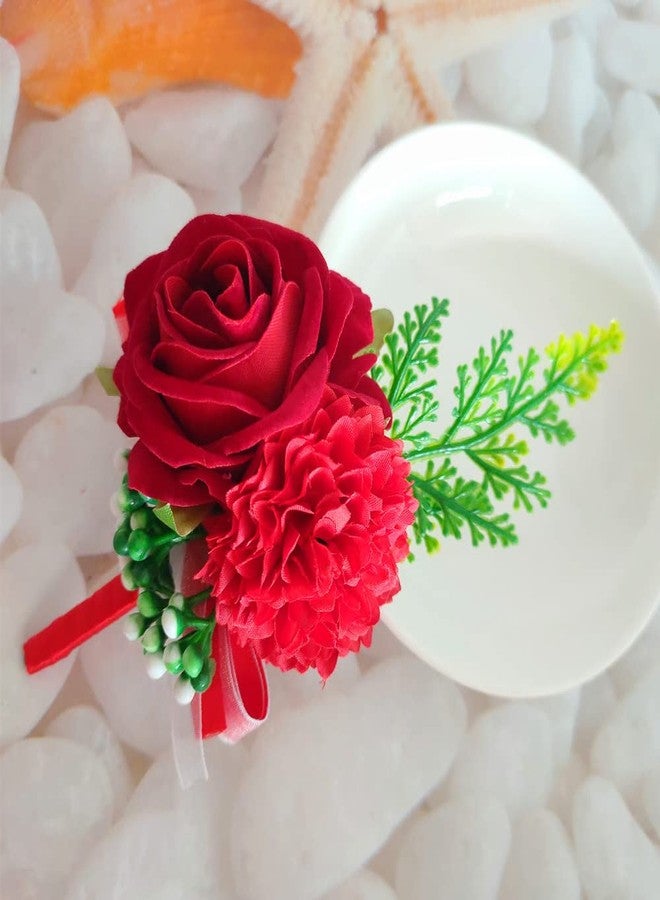 Jilukibo Red Corsage and Boutonniere Set Prom Suit, Artificial Rose Flower Bridesmaid Wrist Corsage Wristband for Groom Groomsmen, Bride Bridal Hand Ribbon Bracelet for Wedding Party Decor (2 Pack) - Image 3
