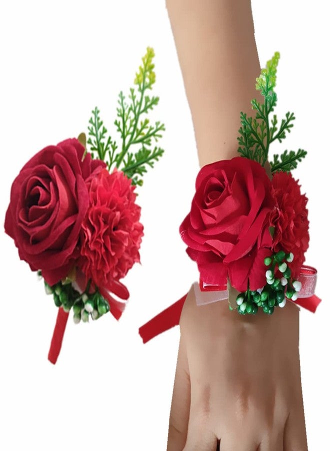 Jilukibo Red Corsage and Boutonniere Set Prom Suit, Artificial Rose Flower Bridesmaid Wrist Corsage Wristband for Groom Groomsmen, Bride Bridal Hand Ribbon Bracelet for Wedding Party Decor (2 Pack) - Image 1