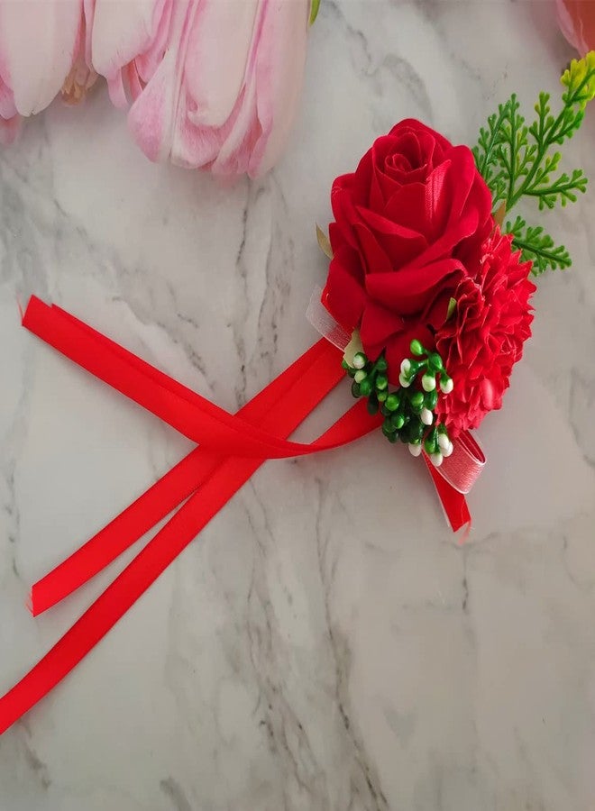 Jilukibo Red Corsage and Boutonniere Set Prom Suit, Artificial Rose Flower Bridesmaid Wrist Corsage Wristband for Groom Groomsmen, Bride Bridal Hand Ribbon Bracelet for Wedding Party Decor (2 Pack) - Image 5