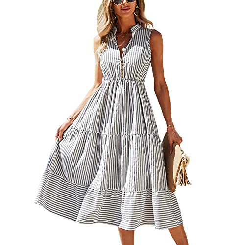 BROVAVE Womens 2025 Summer Sleeveless Shirt Dress Collar Striped V Neck Casual Midi Dresses(Gray, S) - Image 1