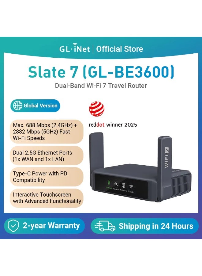 GL.iNet GL-BE3600 (Slate 7) Portable Travel Router, Pocket Dual-Band Wi-Fi 7, 2.5G Router, Portable VPN Routers WiFi for Travel, Public Computer Routers, Business Trip, Moblie/RV/Cruise/Plane