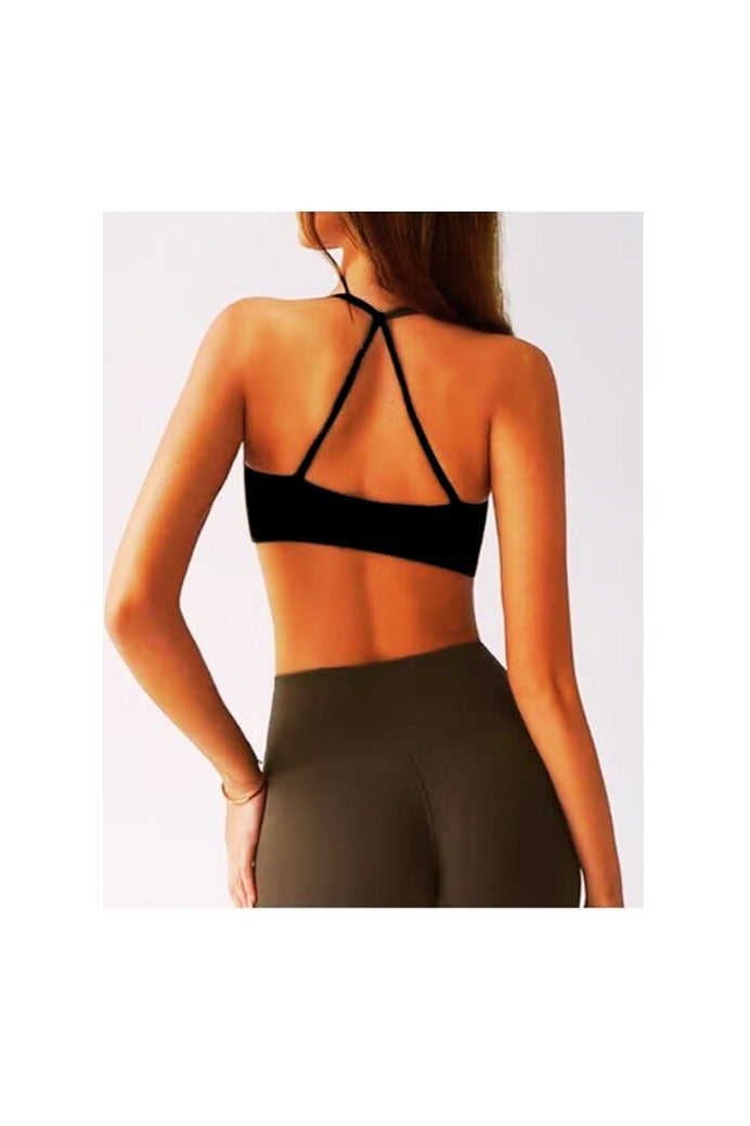 Women's Twist Front Halter Sports Bra – Crisscross Back, Wire-Free Padded Bralette Top (Black) 